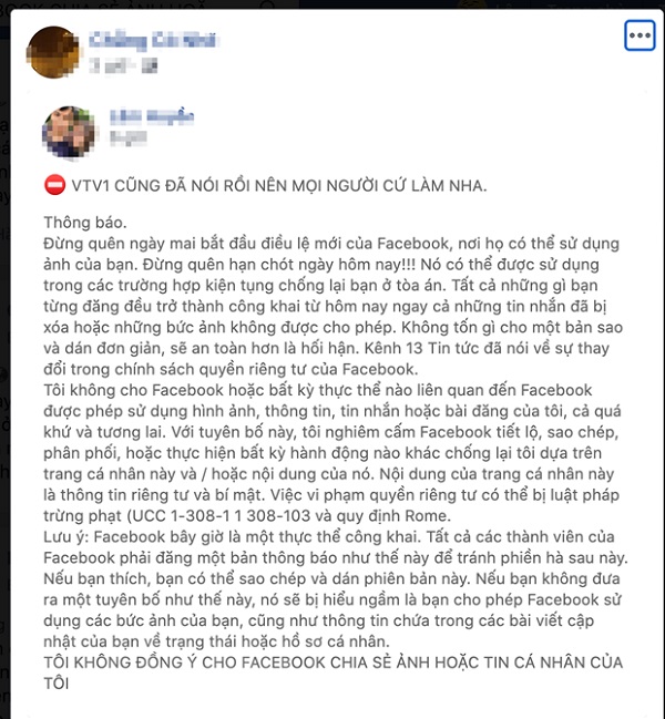 Cảnh báo về thông tin nghiêm cấm Facebook sử dụng dữ liệu cá nhân