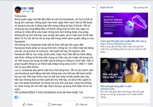 Cảnh báo về thông tin nghiêm cấm Facebook sử dụng dữ liệu cá nhân