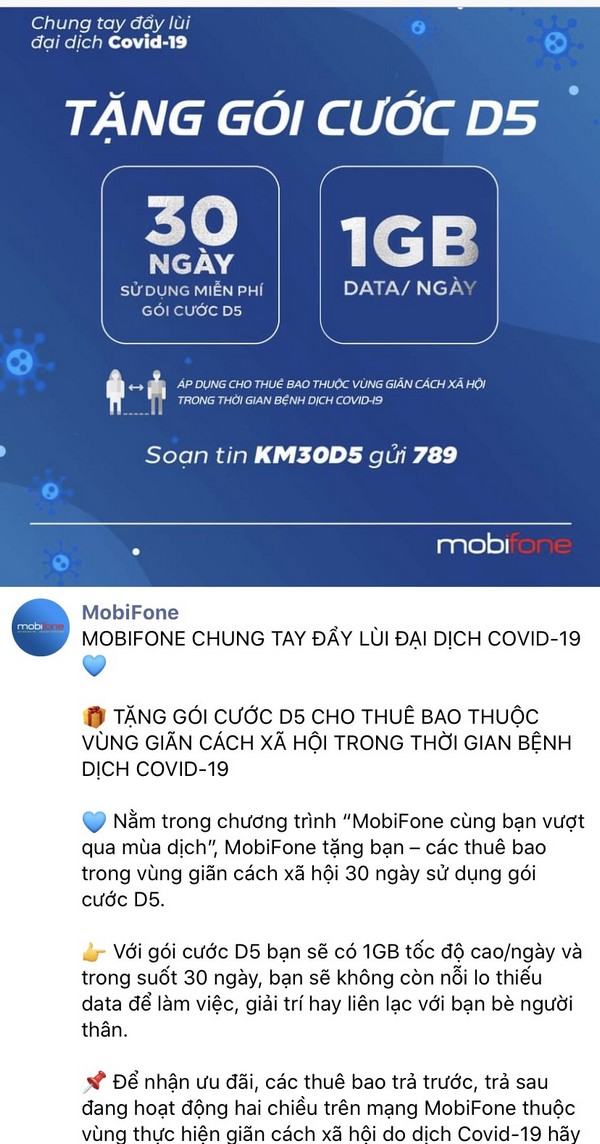 Chung tay đẩy lùi dịch Covid-19, MobiFone tặng gói data miễn phí trong 30 ngày, các bạn vào xem xét và nhận quà nào!