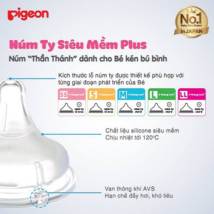 Núm ti Pigeon có chất liệu silicone siêu mềm và van thông khí AVS hạn chế tình trạng đầy hơi và khó tiêu cho bé