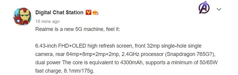 Hé lộ nhiều thông số kỹ thuật của smartphone Realme RMX2716: Màn hình OLED, chip Snapdragon 765G, 4 camera 64MP