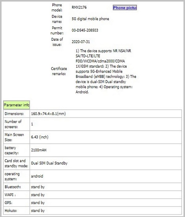 Hé lộ nhiều thông số kỹ thuật của smartphone Realme RMX2716: Màn hình OLED, chip Snapdragon 765G, 4 camera 64MP