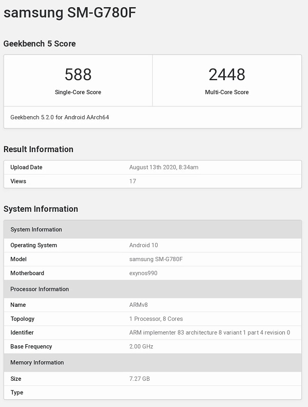 Galaxy S20 Fan Edition trên Geekbench