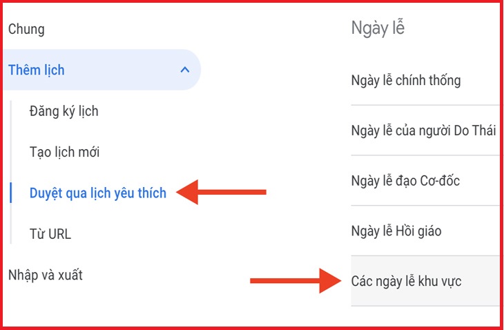 Bước 4: Bấm lên trình đơn xổ xuống Thêm lịch, chọn tùy chọn Duyệt qua lịch yêu thích