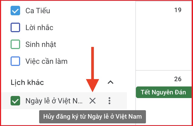 Nếu không muốn tiếp tục hiển thị các ngày lễ ở Việt Nam trên Google Calendar, bạn tìm đến phần Lịch khác ở cột bên trái