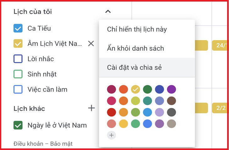 Bước 1: Bấm lên nút hình ba dấu chấm bên cạnh tên bộ lịch muốn xóa