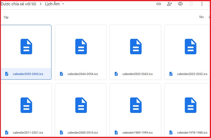 Bước 1: Tải về các file lịch âm từ 1945 tới 2065 định dạng .ics