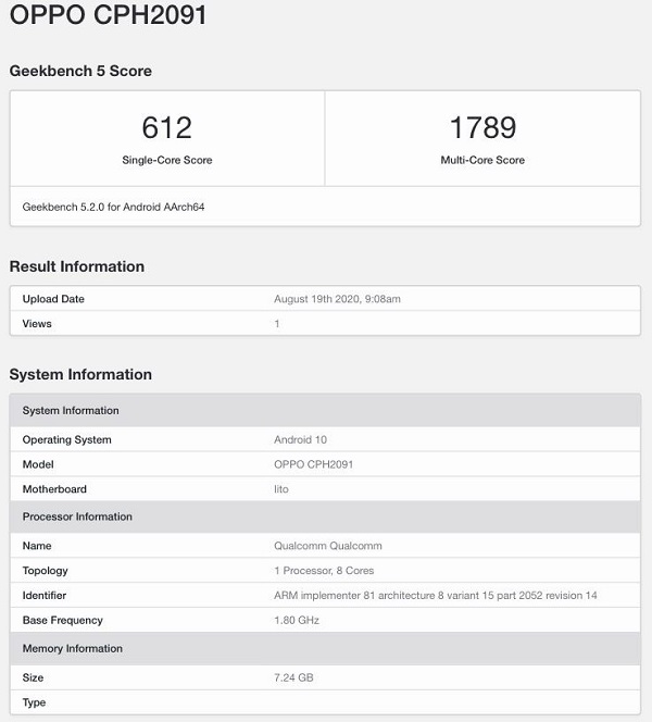 Danh sách Geekbench của Reno 4 5G
