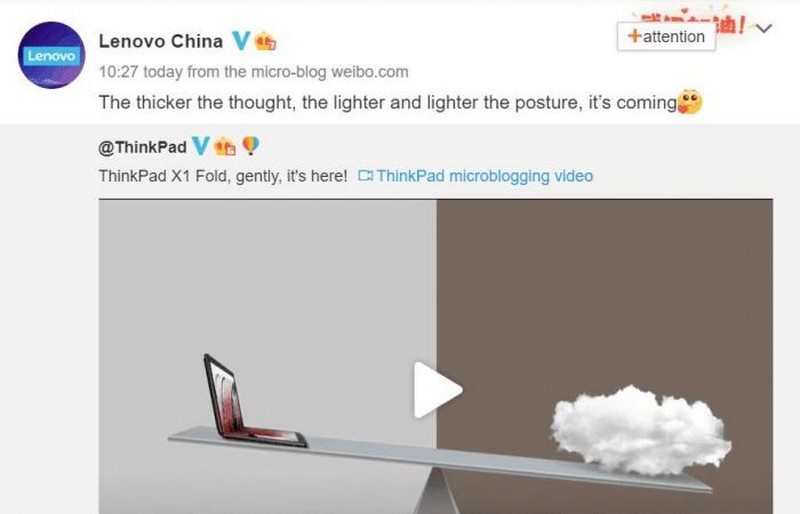 Lenovo tung video nhá hàng laptop màn hình gập ThinkPad X1 Fold, xác nhận máy nặng chưa tới 1Kg