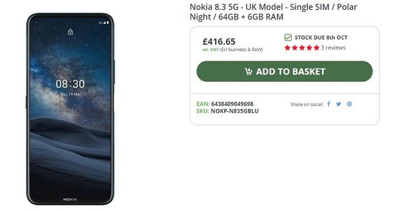 Nokia 8.3 5G được niêm yết thông qua nhà bán lẻ Clove