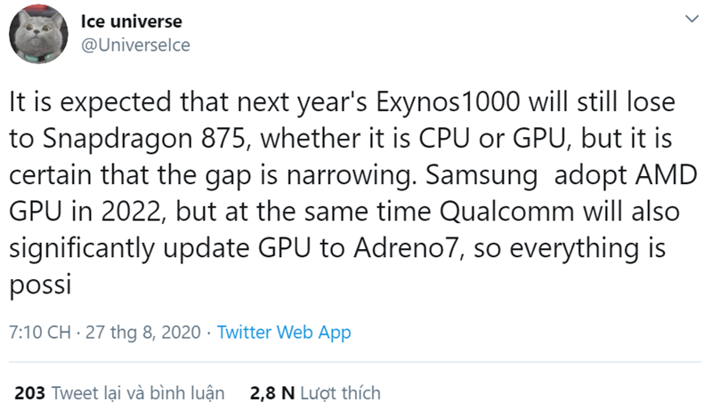 Exynos 1000 được cho là có hiệu năng kém hơn Snapdragon 875, nhưng dù sao khoảng cách đã được rút ngắn đáng kể