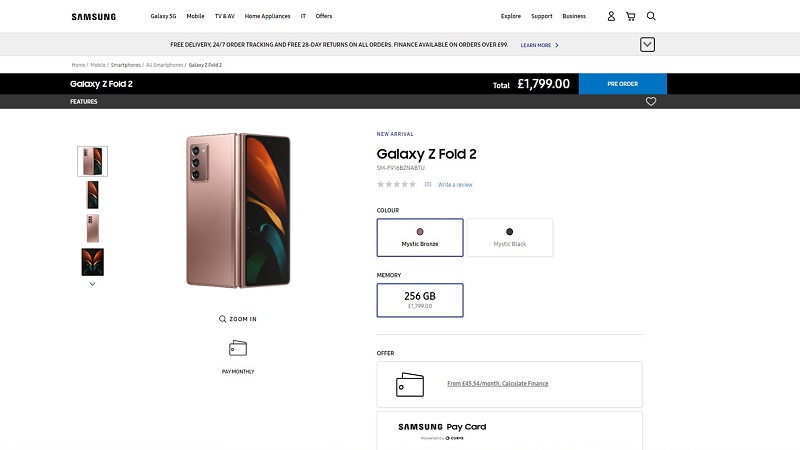 Hiện Samsung đã cho khách hàng tại Vương quốc Anh đặt gạch Galaxy Z Fold 2 với mức giá 1.799 Bảng