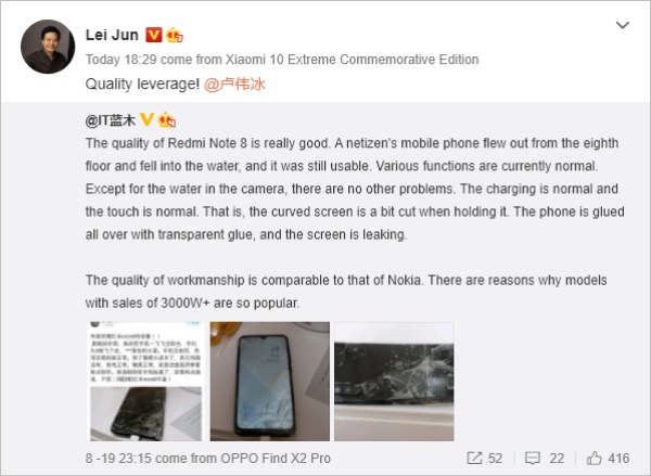 Lei Jun chia sẻ câu chuyện Redmi Note 8 vẫn sống sót sau cú rơi từ tầng 8 chung cư
