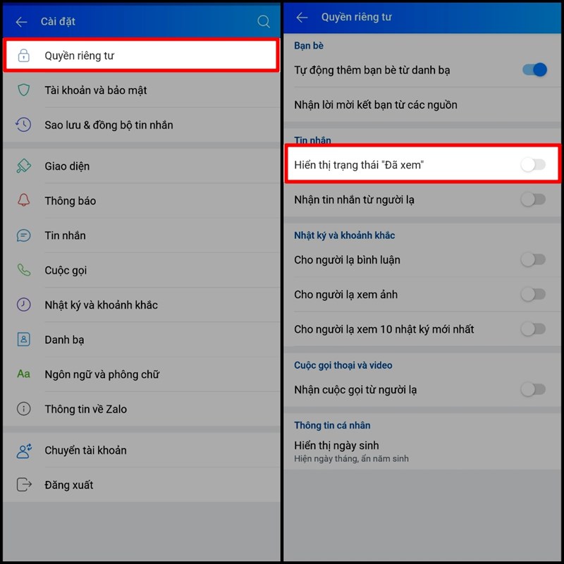 Tắt trạng thái đã xem Tắt trạng thái đã xem
