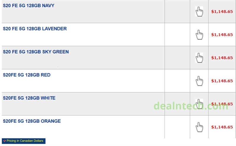 Galaxy S20 FE 5G lộ giá bán ở Canada Galaxy S20 FE 5G lộ giá bán ở Canada