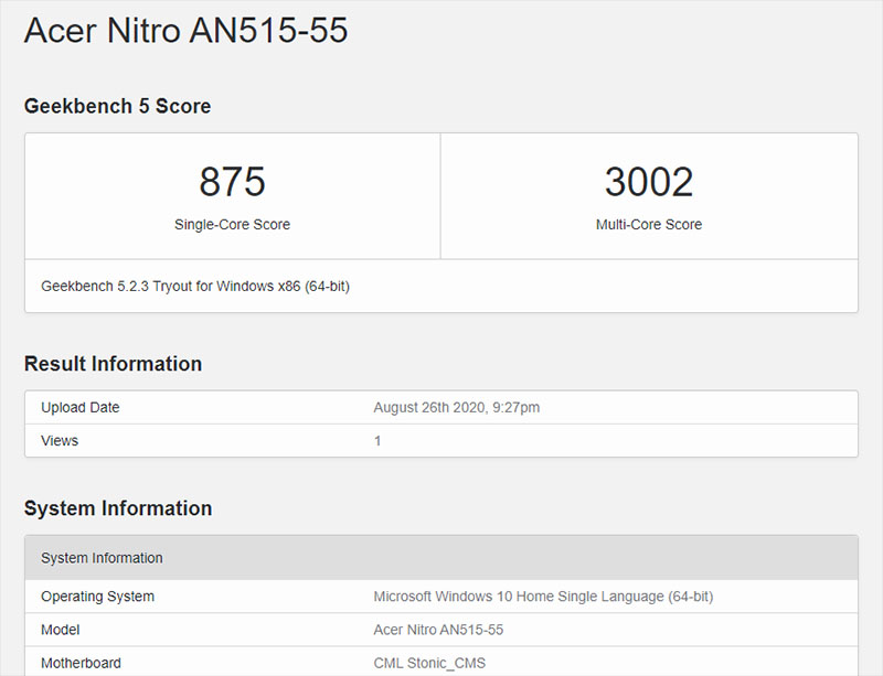 Đo CPU của Acer Nitro 5 bằng Geekbench 5