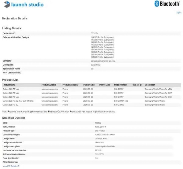 Hai phiên bản Samsung Galaxy S20 FE 4G và 5G đã đạt thêm chứng nhận tại Bluetooth SIG, ngày ra mắt đang đến gần rồi