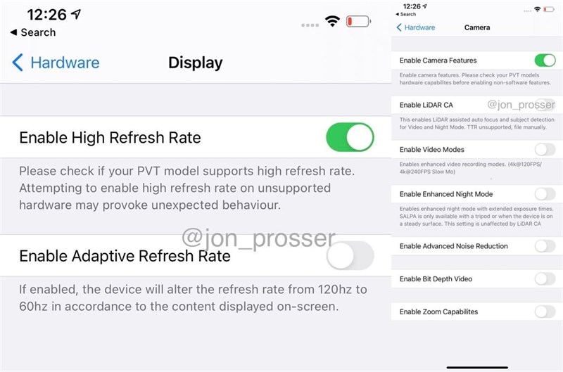 Ảnh chụp màn hình trên được cho là giao diện thiết lập màn hình và camera trên iPhone 12 Pro Max Ảnh chụp màn hình trên được cho là giao diện thiết lập màn hình và camera trên iPhone 12 Pro Max