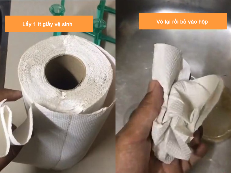 Dùng 1 tờ khăn giấy cuộn hoặc vo lại rồi cho vào hộp nhựa