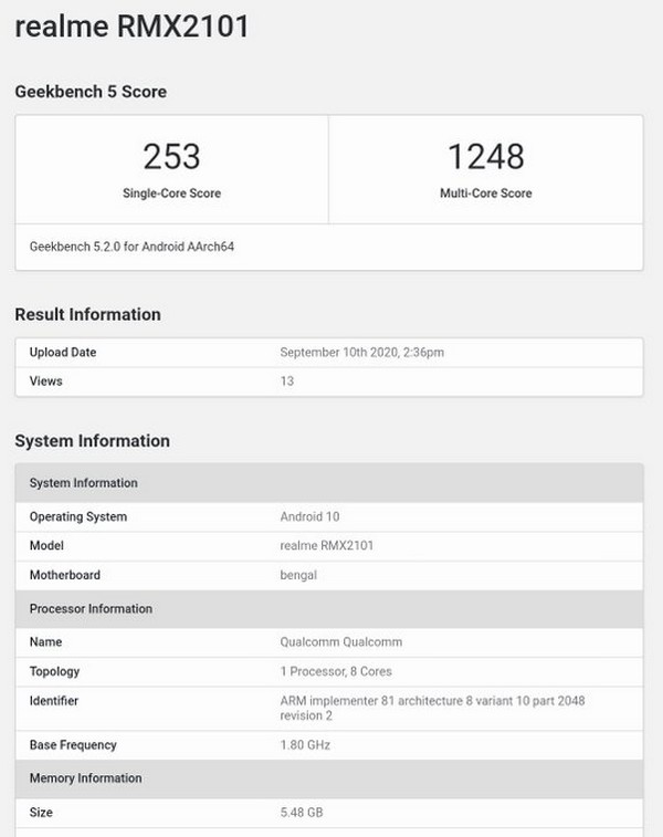 Realme C17 lộ điểm hiệu năng trên Geekbench: Dùng chip Snapdragon 460, RAM 6GB và chạy Android 10