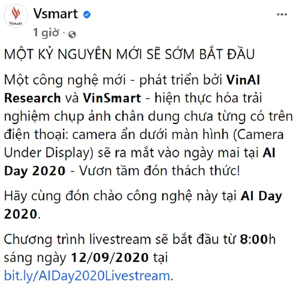 Vsmart Aris 5G Pro ra mắt vào ngày 12/09 với camera ẩn dưới màn hình