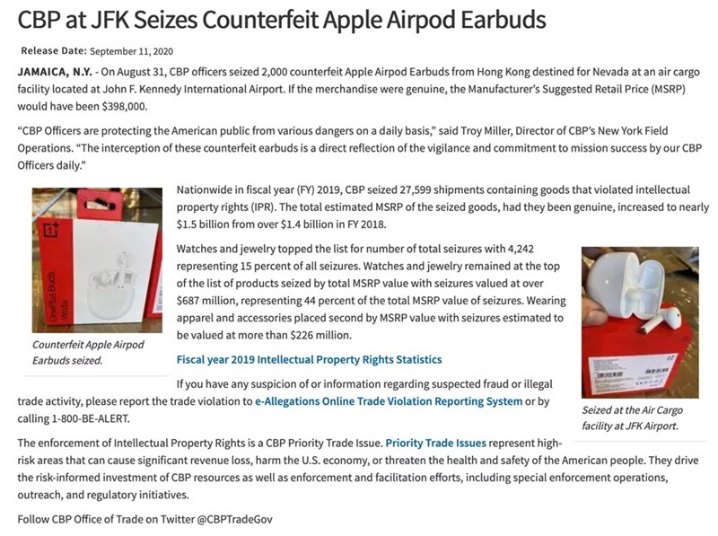 Hải quan Hoa Kỳ thu giữ lô hàng 2.000 cặp tai nghe không dây OnePlus Buds vì nhầm lẫn là AirPods hàng giả