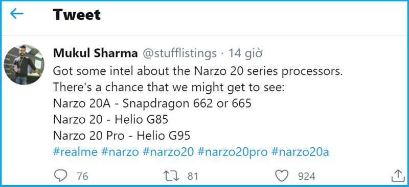 Rò rỉ thông tin bộ ba chip xử lý dành cho Realme Narzo 20A, 20 và 20 Pro