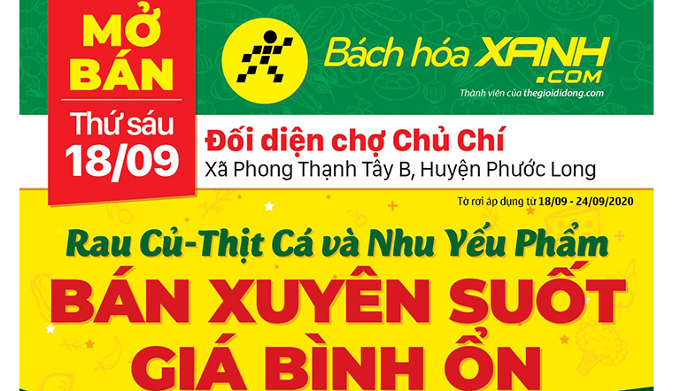 Bách hoá XANH Số 5, Ấp 9B, Phong Thạnh Tây B, Phước Long khai trương 18/9/2020