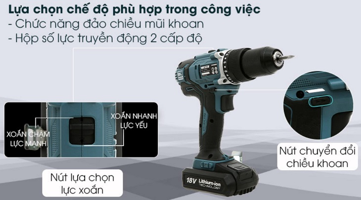 Có thể lựa chọn mức mô men xoắn trên vòng điều chỉnh lực xoắn của máy khoan pin Wesco WS2921K2 18V