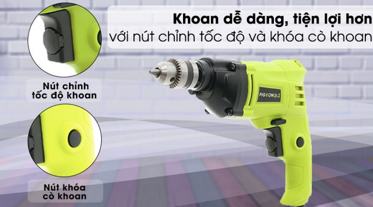 Máy khoan điện Pigeon G6-10H 400W được trang bị nút khóa cò khoan đảm bảo an toàn cho người dùng khi di chuyển máy khoan