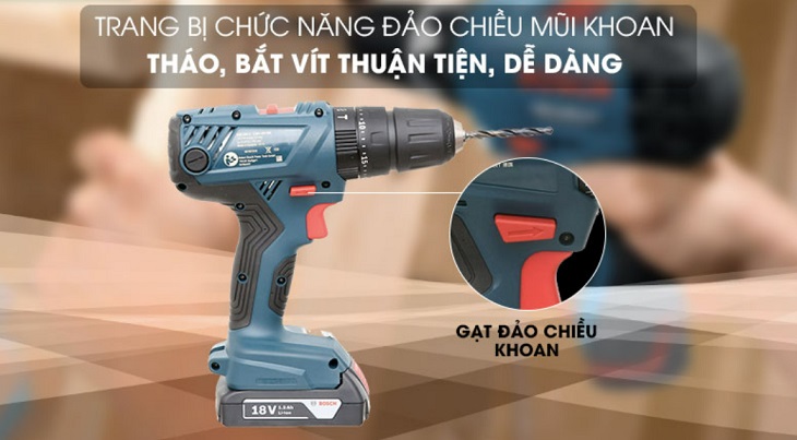 Máy khoan động lực dùng pin Bosch GSB 180-LI có chức năng đảo chiều khoan hỗ trợ siết tháo ốc vít và lấy mũi khoan dễ dàng