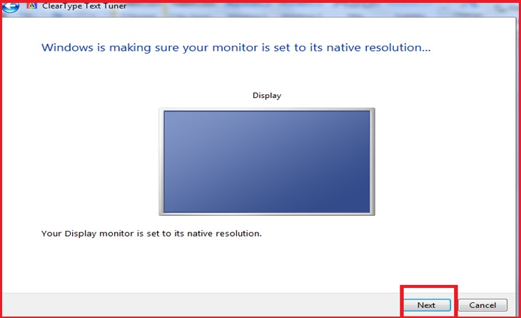 Hướng dẫn cách căn chỉnh màu cho màn hình máy tính > Bước 9: Windows sẽ tự kiểm tra để đảm bảo màn hình của bạn được đặt ở độ phân giải gốc, và nhấn Next.