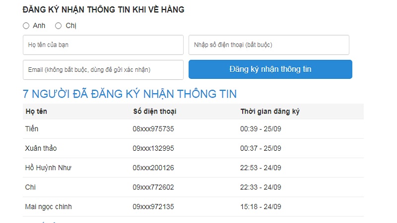 Đăng kí nhận thông tin khi hàng về