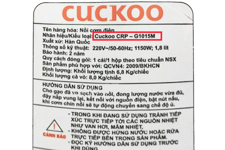 Hướng cách dẫn sử dụng nồi cơm áp suất điện tử Cuckoo CRP-G1015M > Cách nhận biết thông tin nồi cơm áp suất điện tử Cuckoo CRP-G1015M