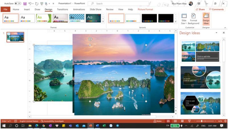 Copy ảnh vào slide trắng, sau đó nhấp chuột vào nút Design Ideas