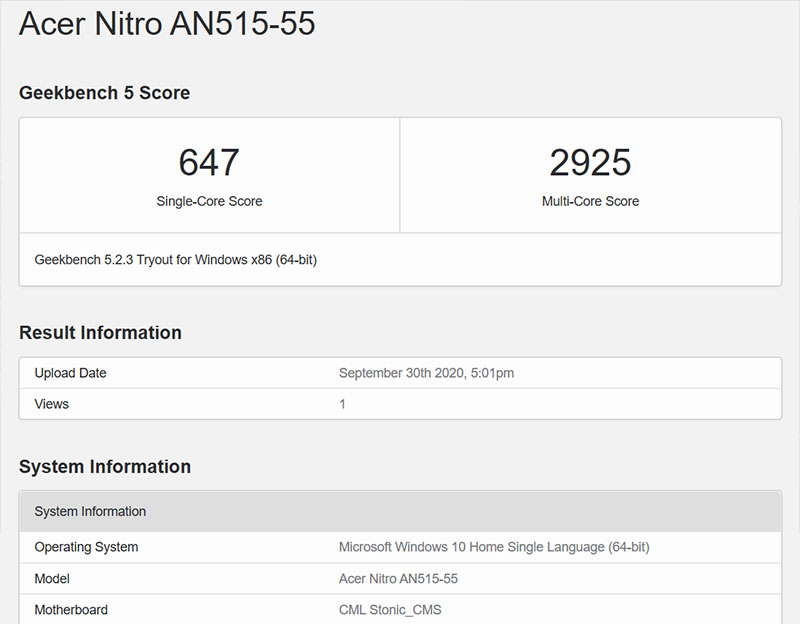 Đo CPU i7 Gen 10H của Acer Nitro 5 bằng Geekbench 5