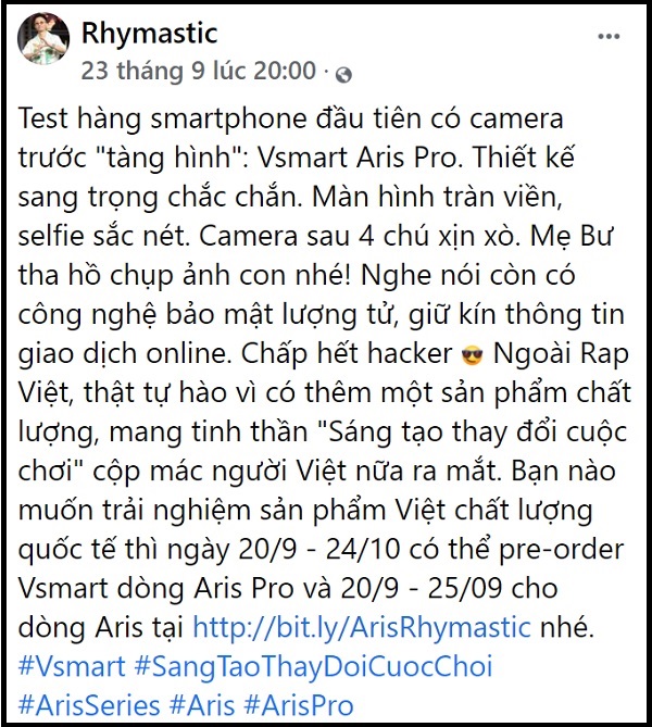 Rhymastic thích thú khi sở hữu Vsmart Aris Pro, còn bạn thì sao? Rhymastic thích thú khi sở hữu Vsmart Aris Pro, còn bạn thì sao?
