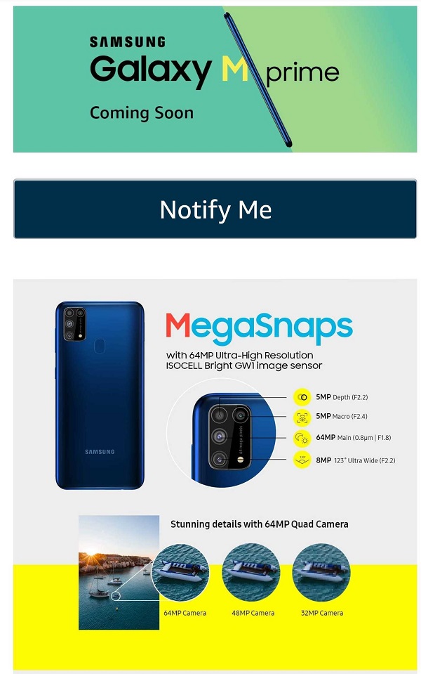 Samsung sắp ra mắt Galaxy M31 Prime với pin 6.000 mAh, 4 camera mặt sau, trong đó có camera chính 64MP