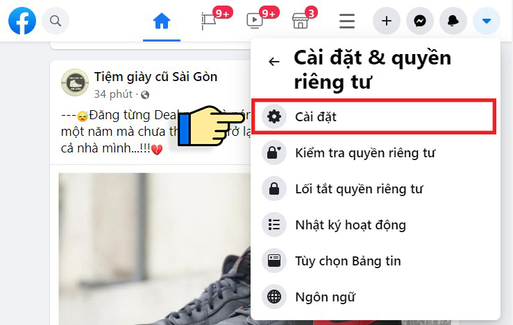 Truy cập vào mục Cài đặt trong Facebook