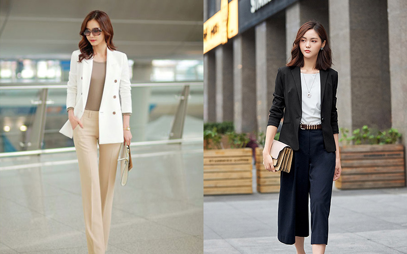 Quần ống suông kết hợp với áo blazer cũng là một lựa chọn cho vẻ đẹp khỏe khoắn, năng động và mạnh mẽ của các các cô nàng công sở hiện đại.