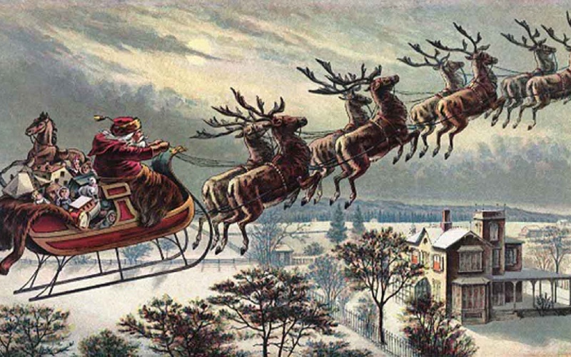 Ông già Noel cưỡi xe trượt tuyết tuần lộc bay