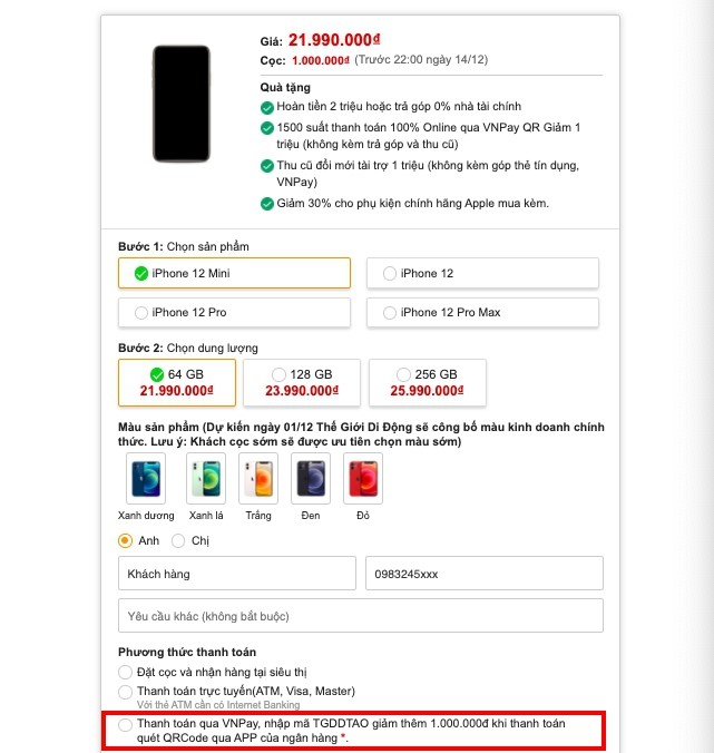 Các bước mua iPhone 12 qua VNPAY