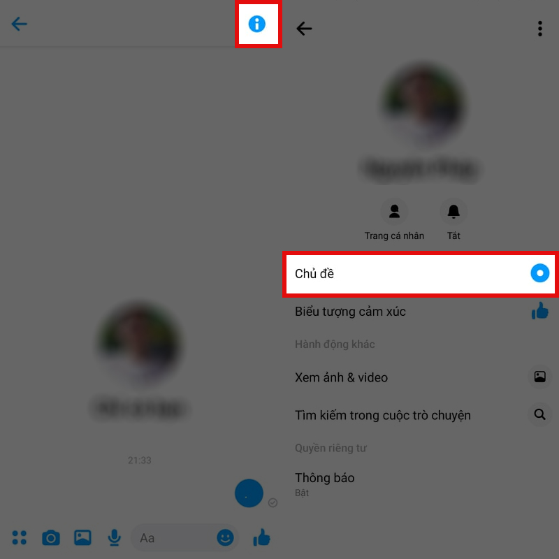 Đổi chủ đề Messenger: Messenger sẽ trở nên thú vị hơn rất nhiều với tính năng đổi chủ đề mới. Bạn có thể tùy chọn chủ đề phù hợp với sở thích và tâm trạng của mình để tạo nên không gian trò chuyện độc đáo và sinh động hơn. Click để xem hình ảnh liên quan đến tính năng đổi chủ đề Messenger.