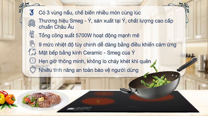 Bếp hồng ngoại 3 vùng nấu lắp âm Smeg SE363ETB (536.64.101)