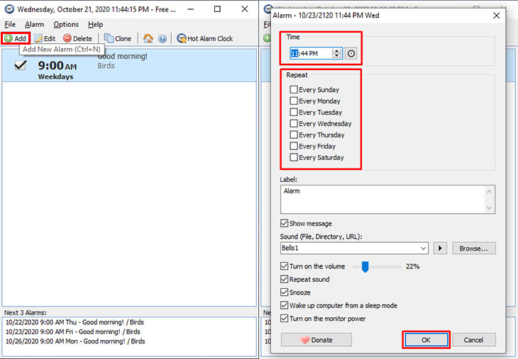 Chọn biểu tượng Add để thêm báo thức, sau khi tuỳ chỉnh, chọn OK để lưu
