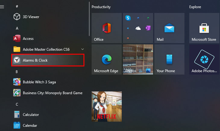 Ứng dụng Báo thức và Đồng hồ trong menu Bắt đầu