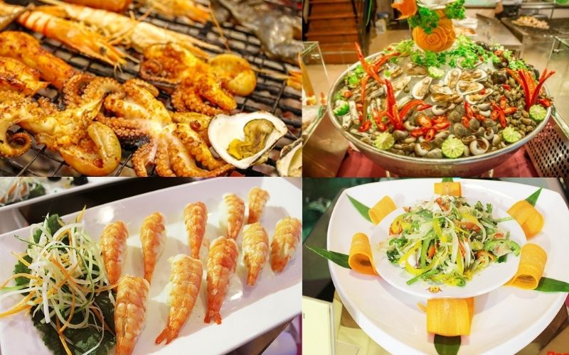 Các món ăn hấp dẫn như mực chiên giòn, gỏi rong biển hải sản, cá chẽm chiên sốt chua ngọt, tôm sú… 