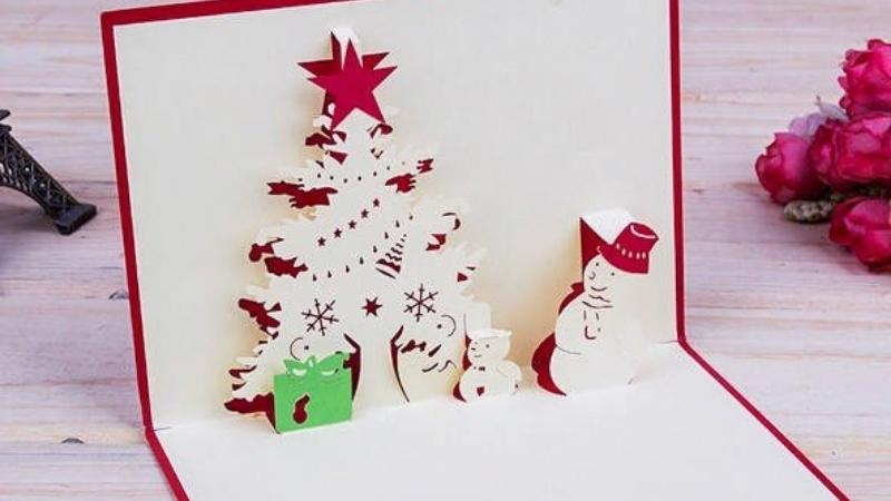 Mẫu thiệp Giáng sinh hộp quà Noel, người tuyết, cây thông
