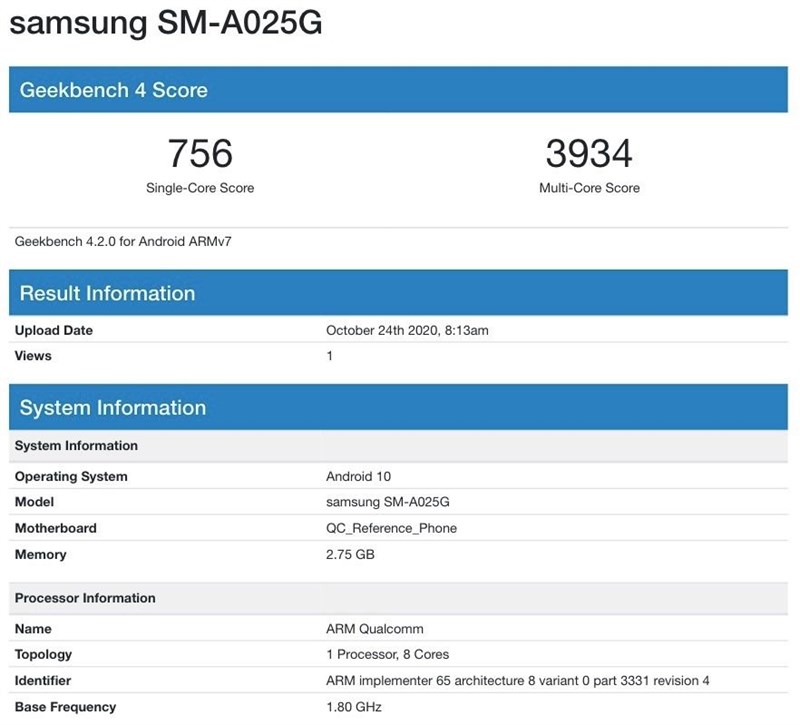 Samsung Galaxy A02s xuất hiện trên Geekbench