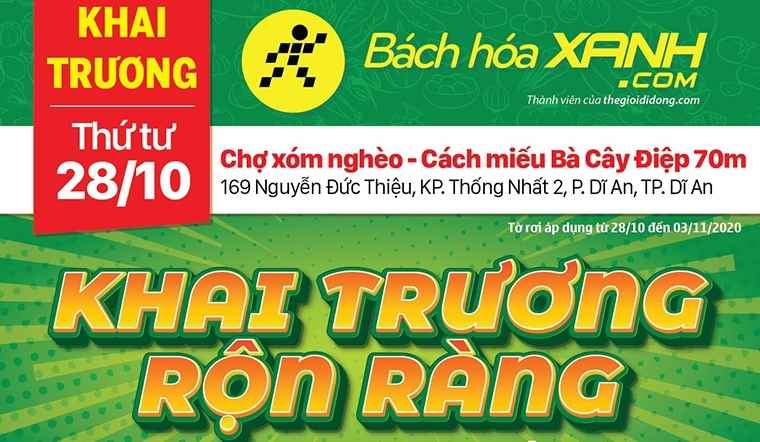 Siêu thị Bách hoá XANH 169 Nguyễn Đức Thiện, TP. Dĩ An khai trương 28/10/2020